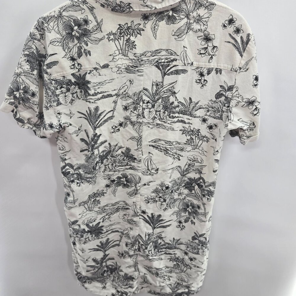 Tahari Cream Black Tropical Print Linen Blend Mini Shirt Dress Size Small - Picture 2 of 10